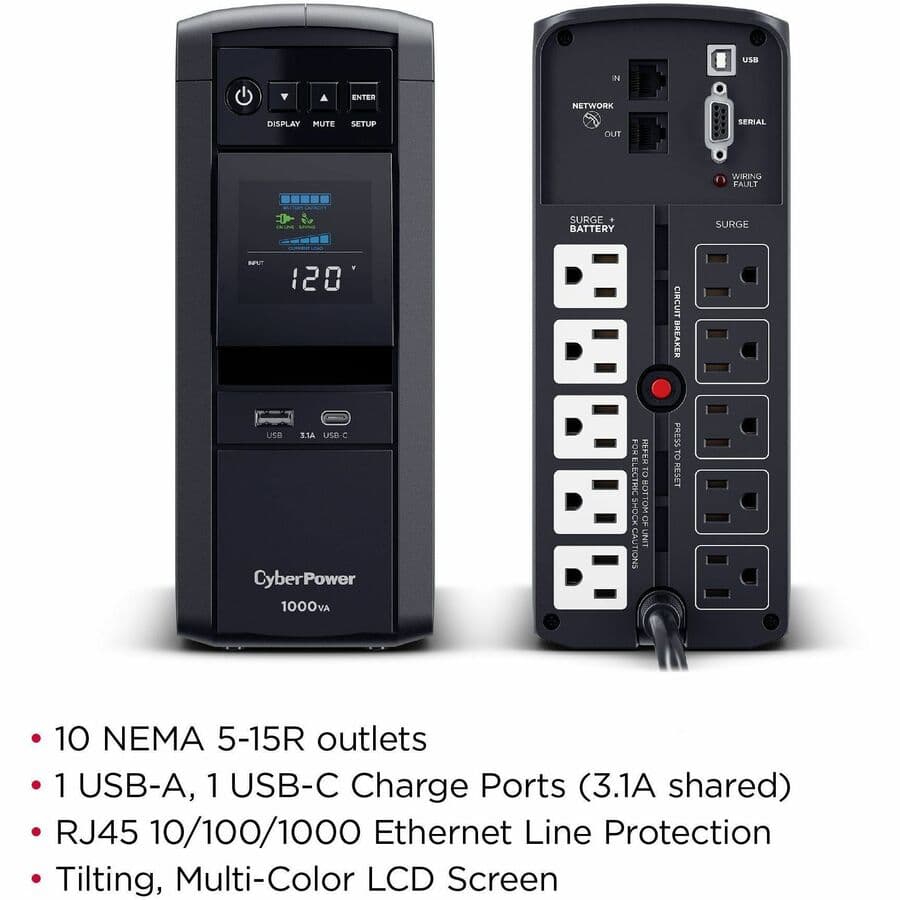 CyberPower CP1000PFCLCDTAA 1000 VA desktop UPS with LCD display and 10 outlets