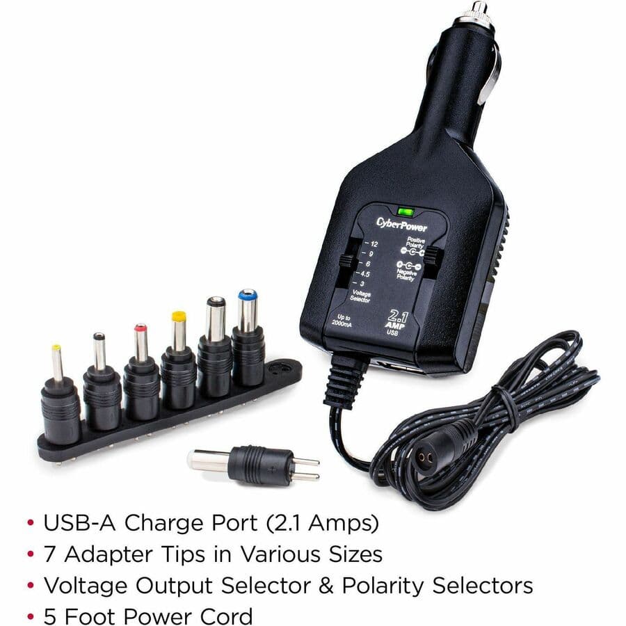 CyberPower universal power adapter with 3-12 V output, 2.1 A USB charging, and 12 V auto plug