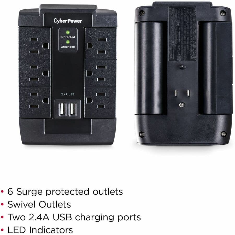 CyberPower CSP600WSU surge protector with 6 swivel outlets and 2 USB charging ports