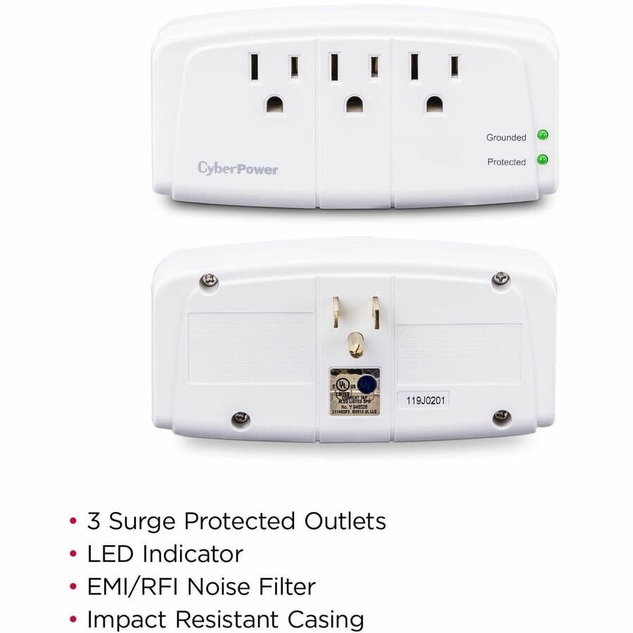 CyberPower CSB300W wall tap surge protector with 3 outlets and EMI/RFI filtering