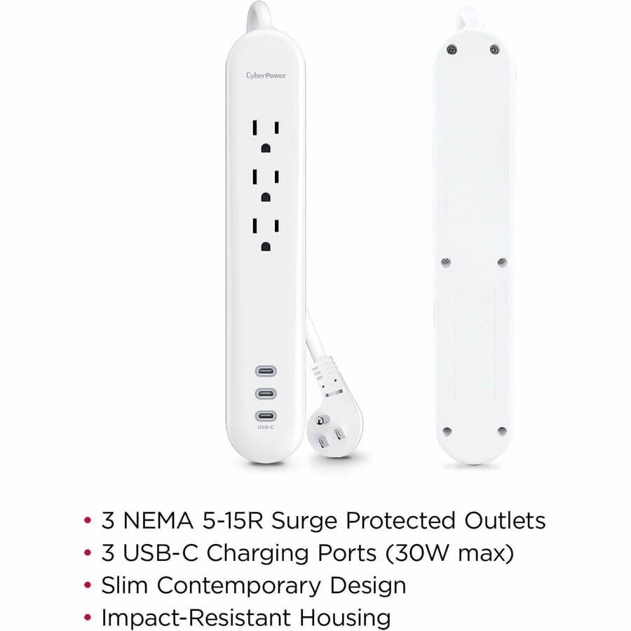CyberPower P304UC3 white USB-C surge charger with 3 ports and 30 W output
