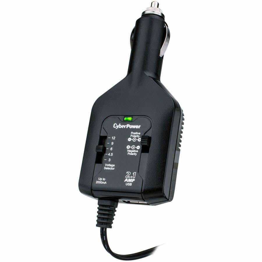 CyberPower universal power adapter with 3-12 V output, 2.1 A USB charging, and 12 V auto plug