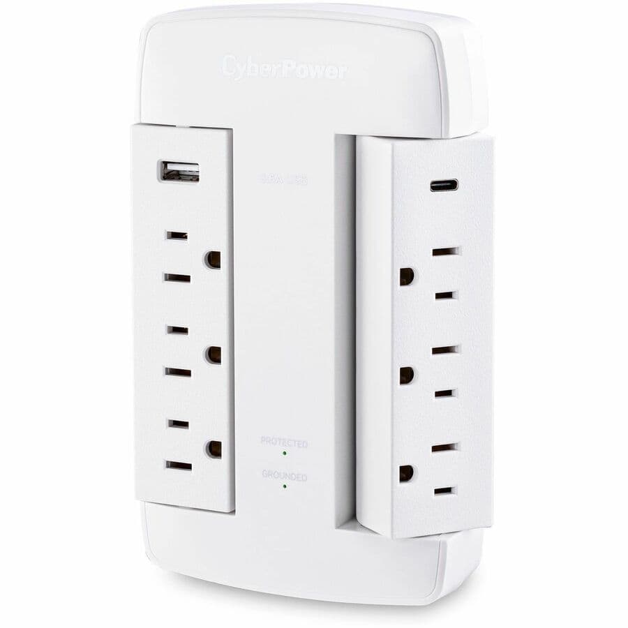 CyberPower CSP600WSURC5 white swivel wall tap surge protector with 2 USB ports