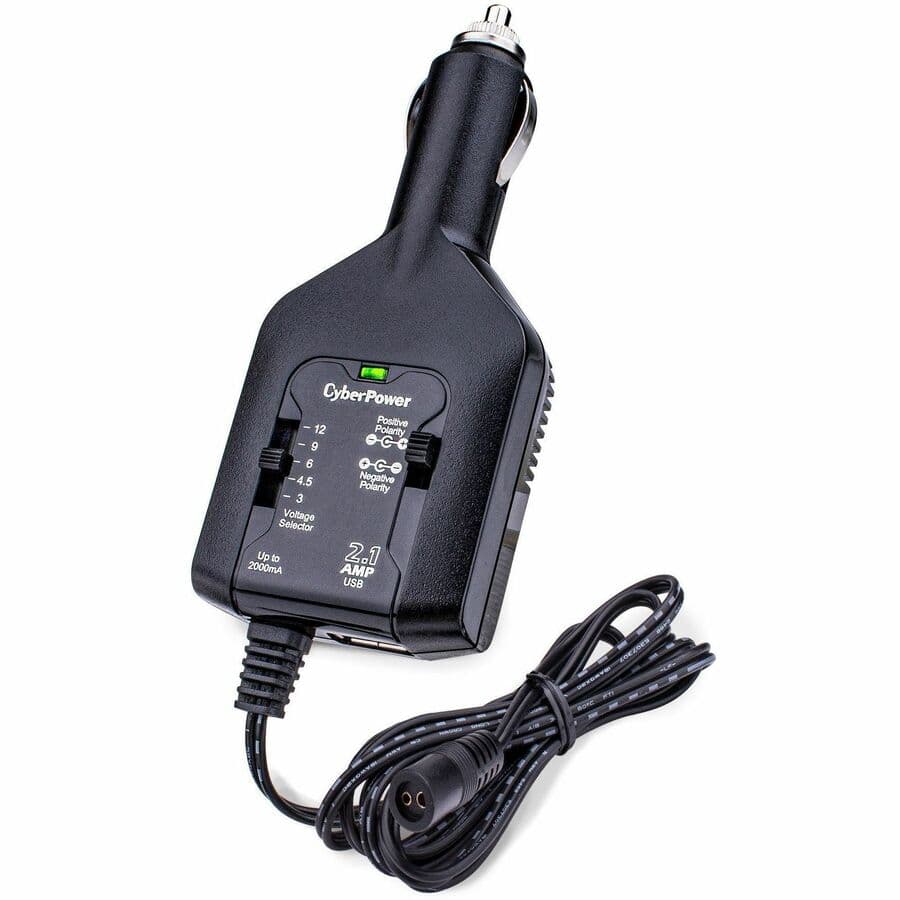 CyberPower universal power adapter with 3-12 V output, 2.1 A USB charging, and 12 V auto plug