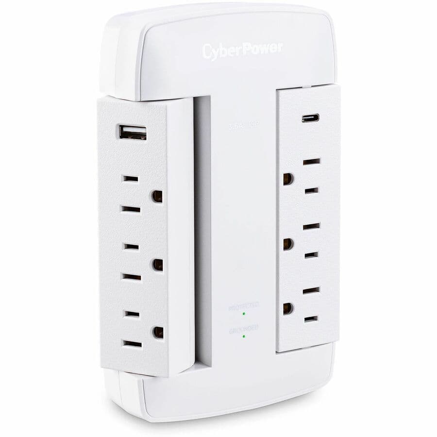 CyberPower CSP600WSURC5 white swivel wall tap surge protector with 2 USB ports