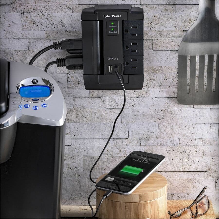 CyberPower CSP600WSU surge protector with 6 swivel outlets and 2 USB charging ports