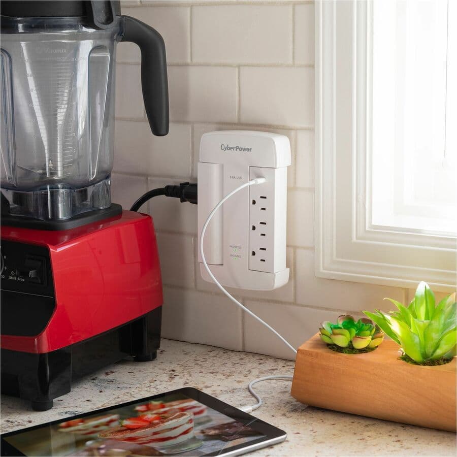 CyberPower CSP600WSURC5 white swivel wall tap surge protector with 2 USB ports