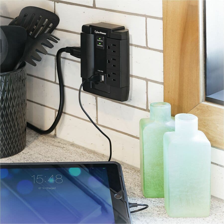 CyberPower CSP600WSU surge protector with 6 swivel outlets and 2 USB charging ports