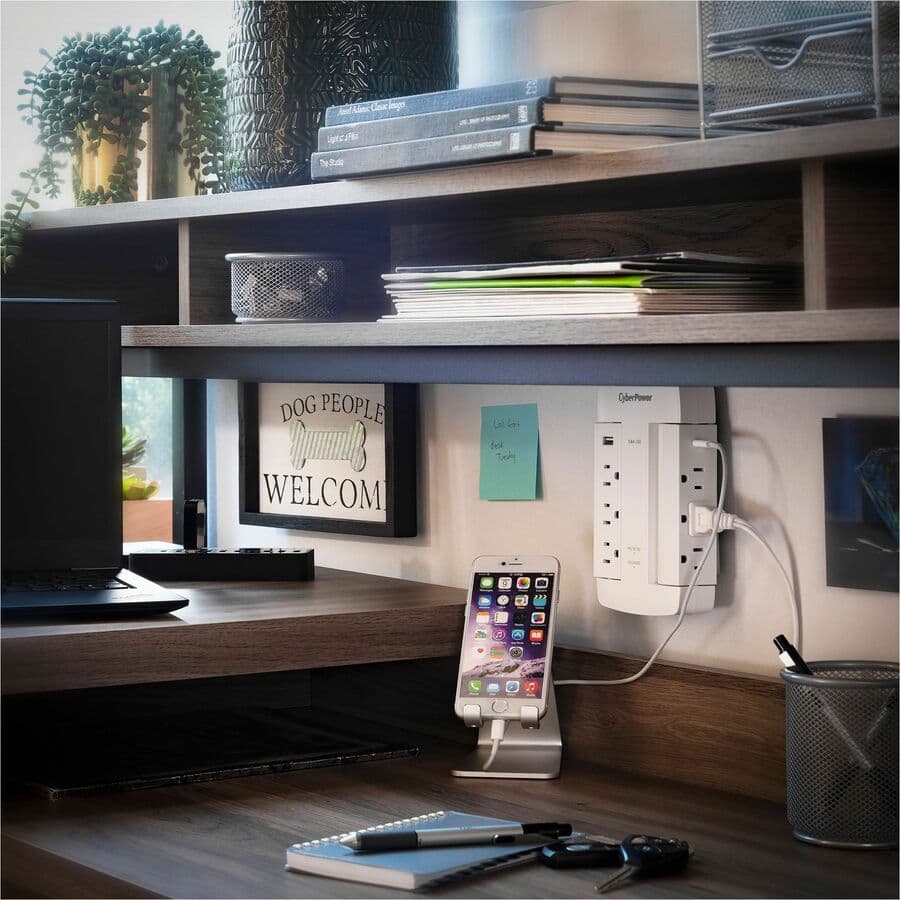 CyberPower CSP600WSURC5 white swivel wall tap surge protector with 2 USB ports