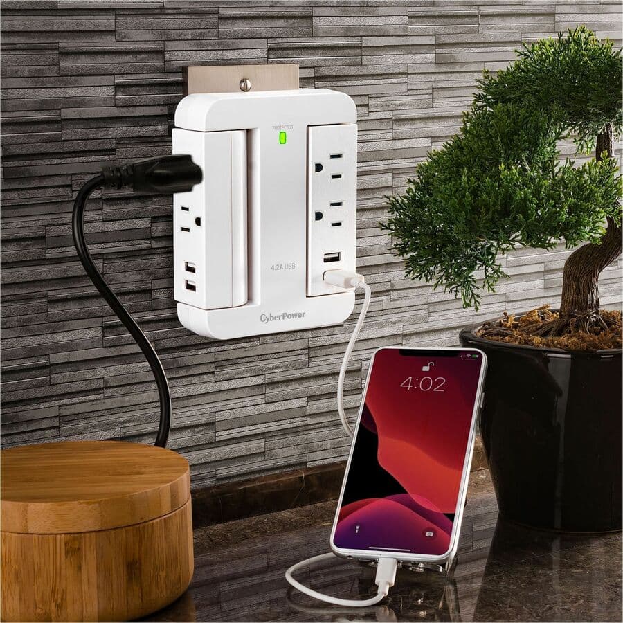 CyberPower GP400U4AWH white surge protector with 4 outlets and 2 USB charging ports