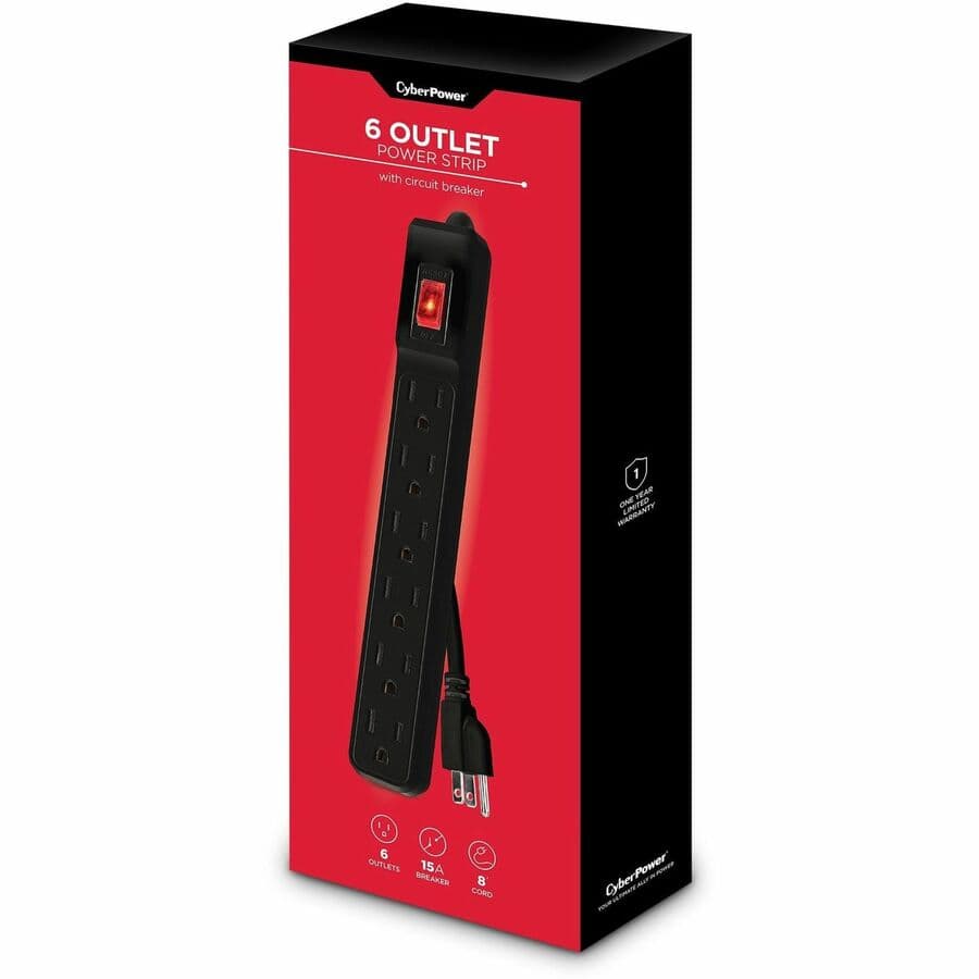 CyberPower black 6-outlet power strip with 8 ft cord