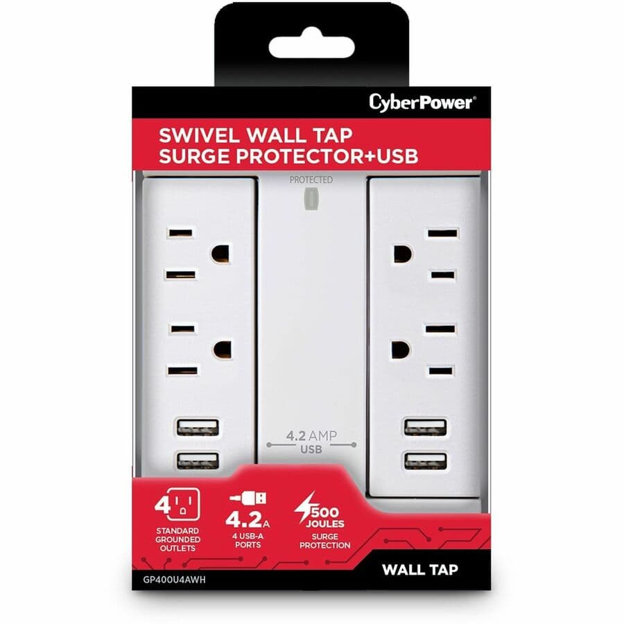 CyberPower GP400U4AWH white surge protector with 4 outlets and 2 USB charging ports