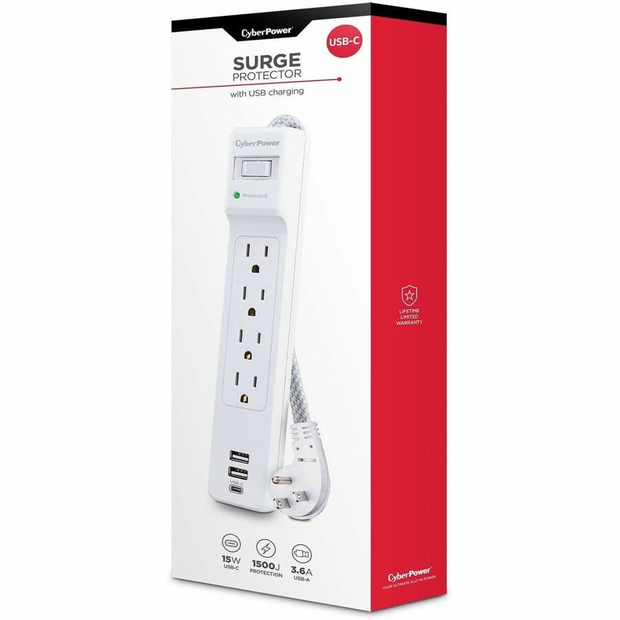 CyberPower P405UC white surge protector with 4 NEMA 5-15R outlets and circuit breaker