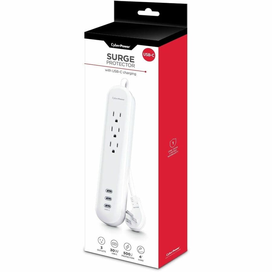 CyberPower P304UC3 white USB-C surge charger with 3 ports and 30 W output