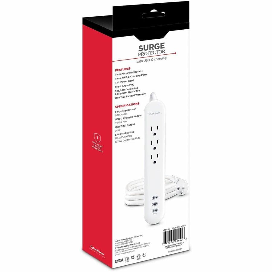CyberPower P304UC3 white USB-C surge charger with 3 ports and 30 W output