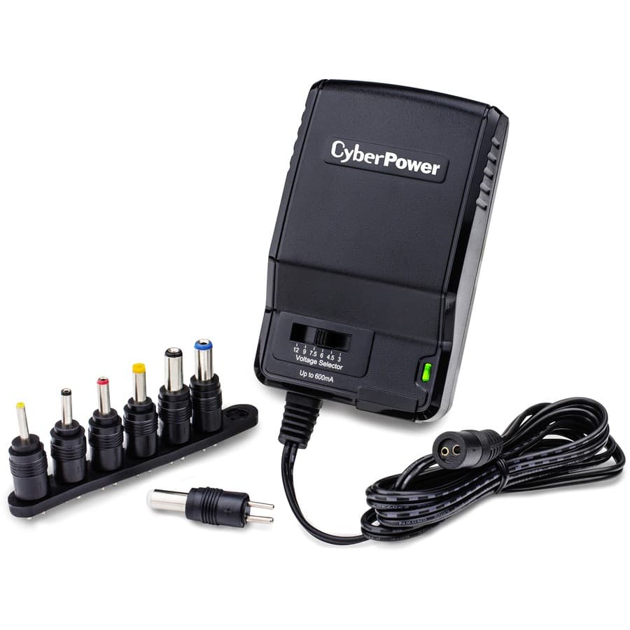 CyberPower CPUAC600 universal power adapter with NEMA 5-15P plug and selectable 3-12V output
