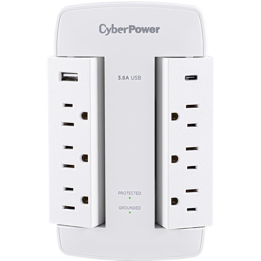 CyberPower CSP600WSURC5 white swivel wall tap surge protector with 2 USB ports