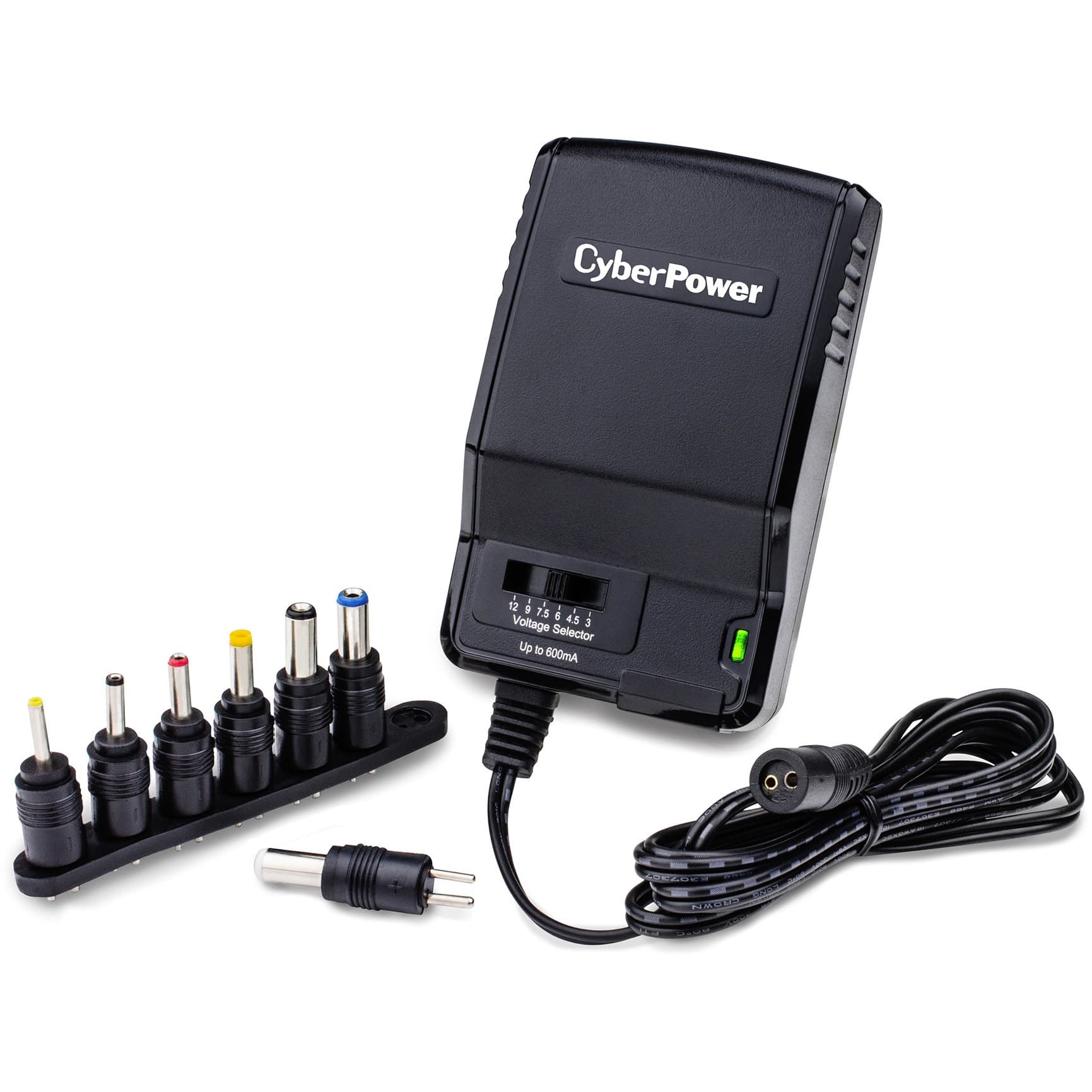 CyberPower CPUAC600 universal power adapter with NEMA 5-15P plug and selectable 3-12V output