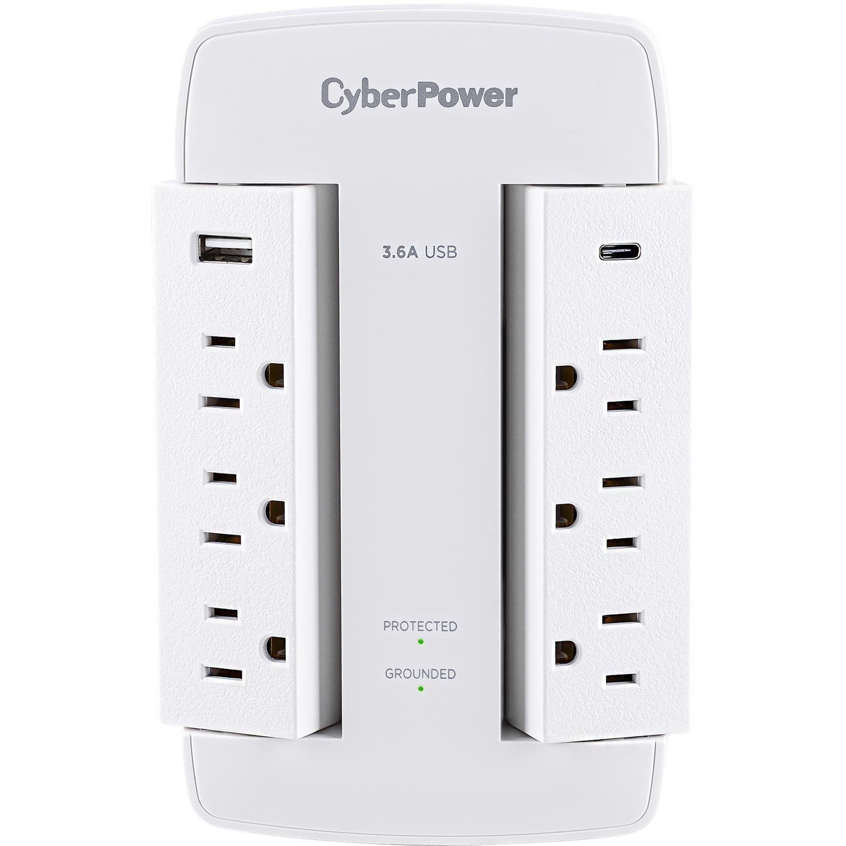 CyberPower CSP600WSURC5 white swivel wall tap surge protector with 2 USB ports