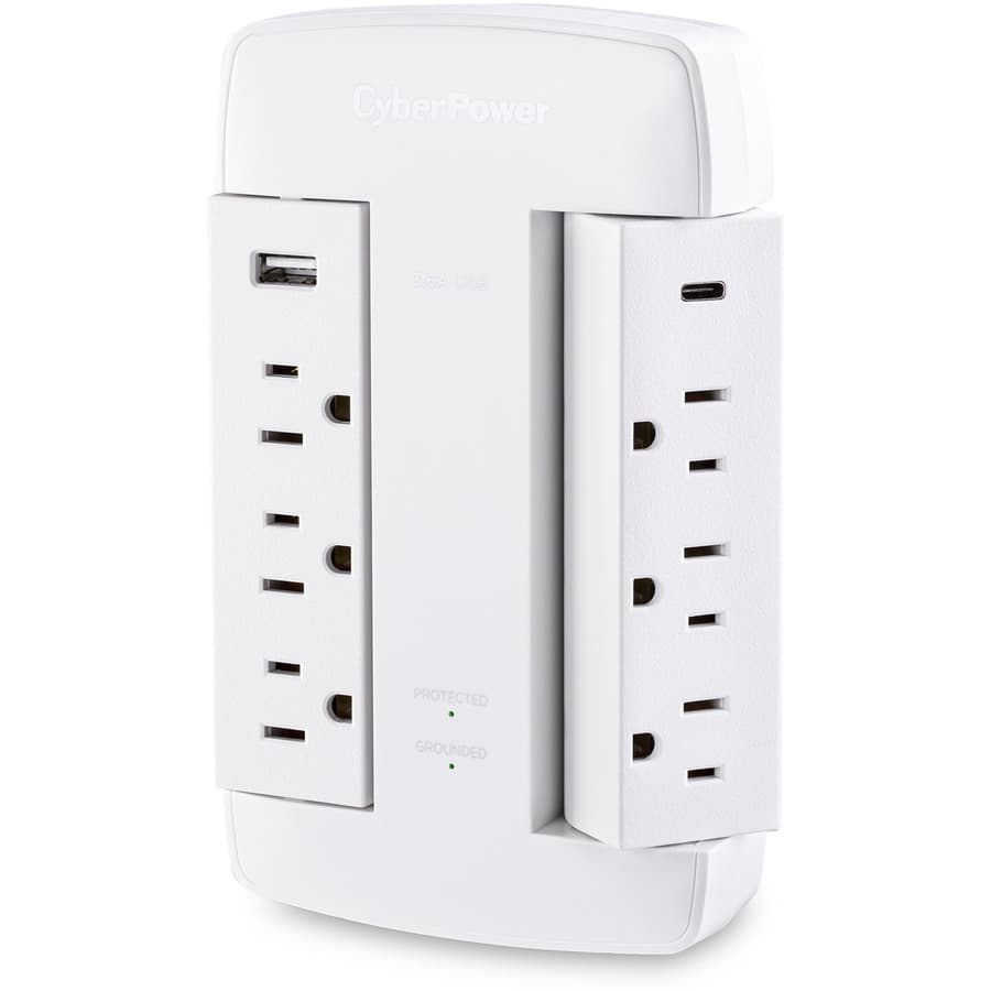 CyberPower CSP600WSURC5 white swivel wall tap surge protector with 2 USB ports