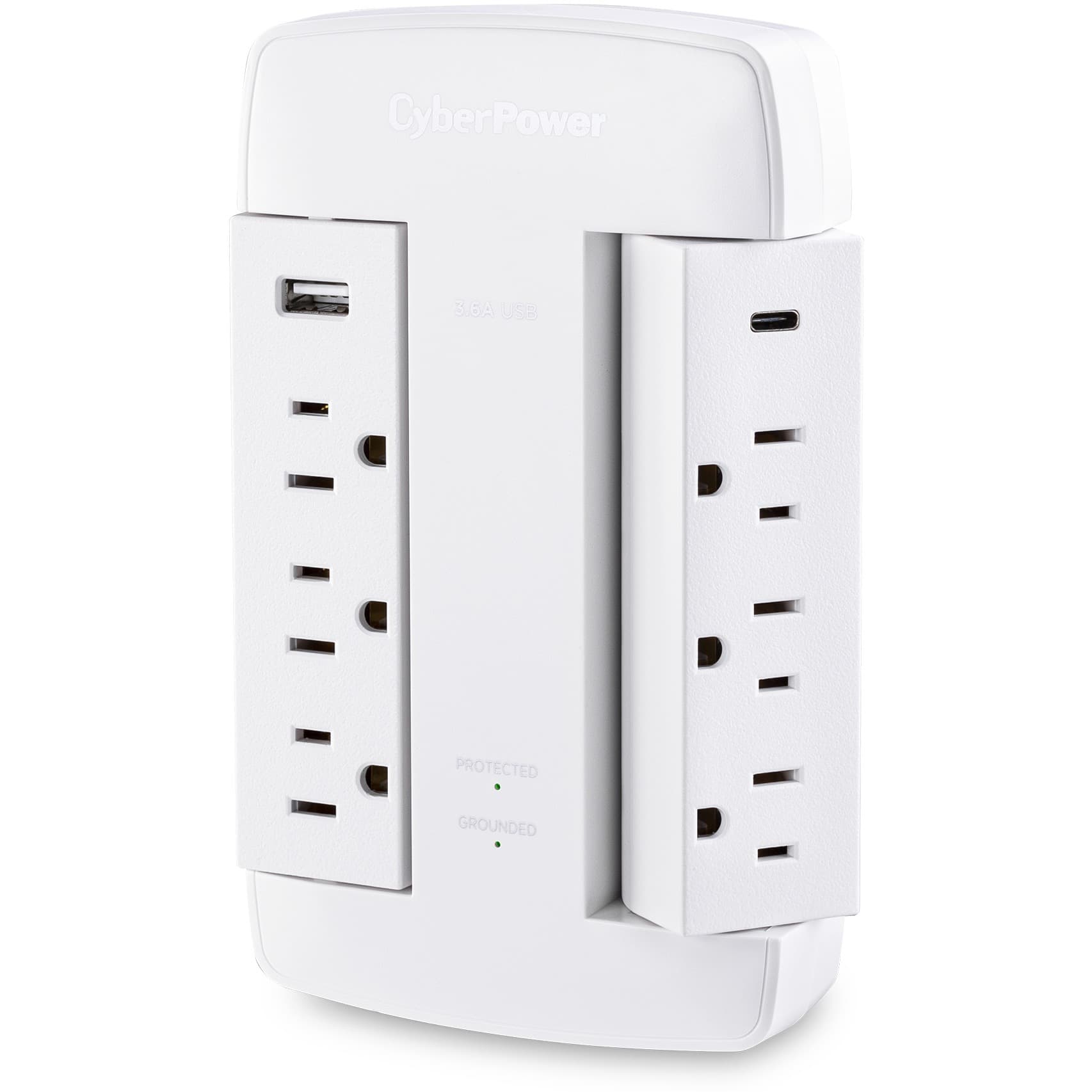 CyberPower CSP600WSURC5 white swivel wall tap surge protector with 2 USB ports