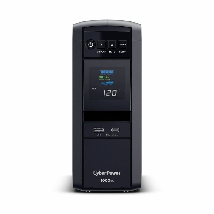 CyberPower CP1000PFCLCDTAA 1000 VA desktop UPS with LCD display and 10 outlets