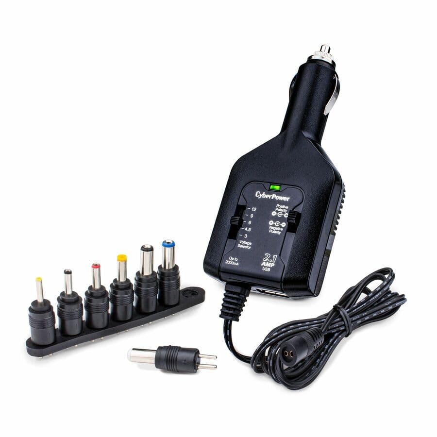 CyberPower universal power adapter with 3-12 V output, 2.1 A USB charging, and 12 V auto plug