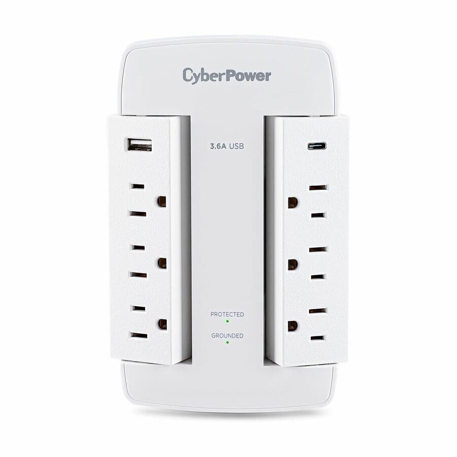 CyberPower CSP600WSURC5 white swivel wall tap surge protector with 2 USB ports