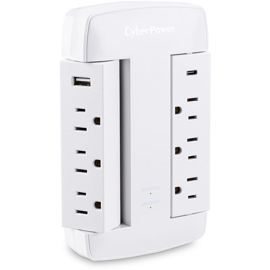 CyberPower CSP600WSURC5 white swivel wall tap surge protector with 2 USB ports