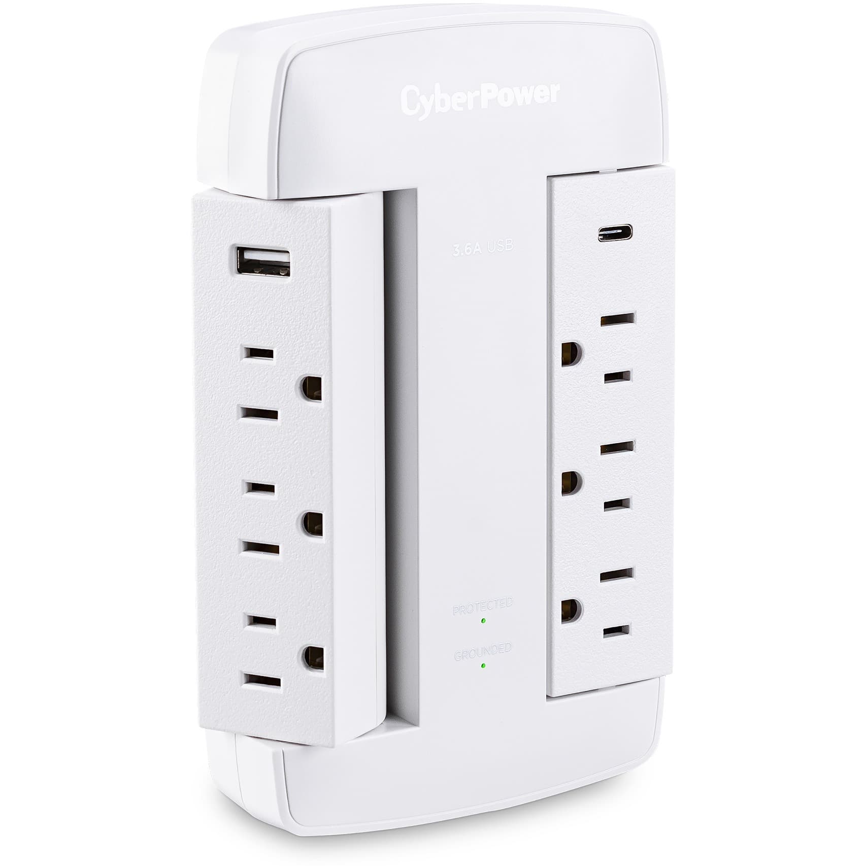 CyberPower CSP600WSURC5 white swivel wall tap surge protector with 2 USB ports