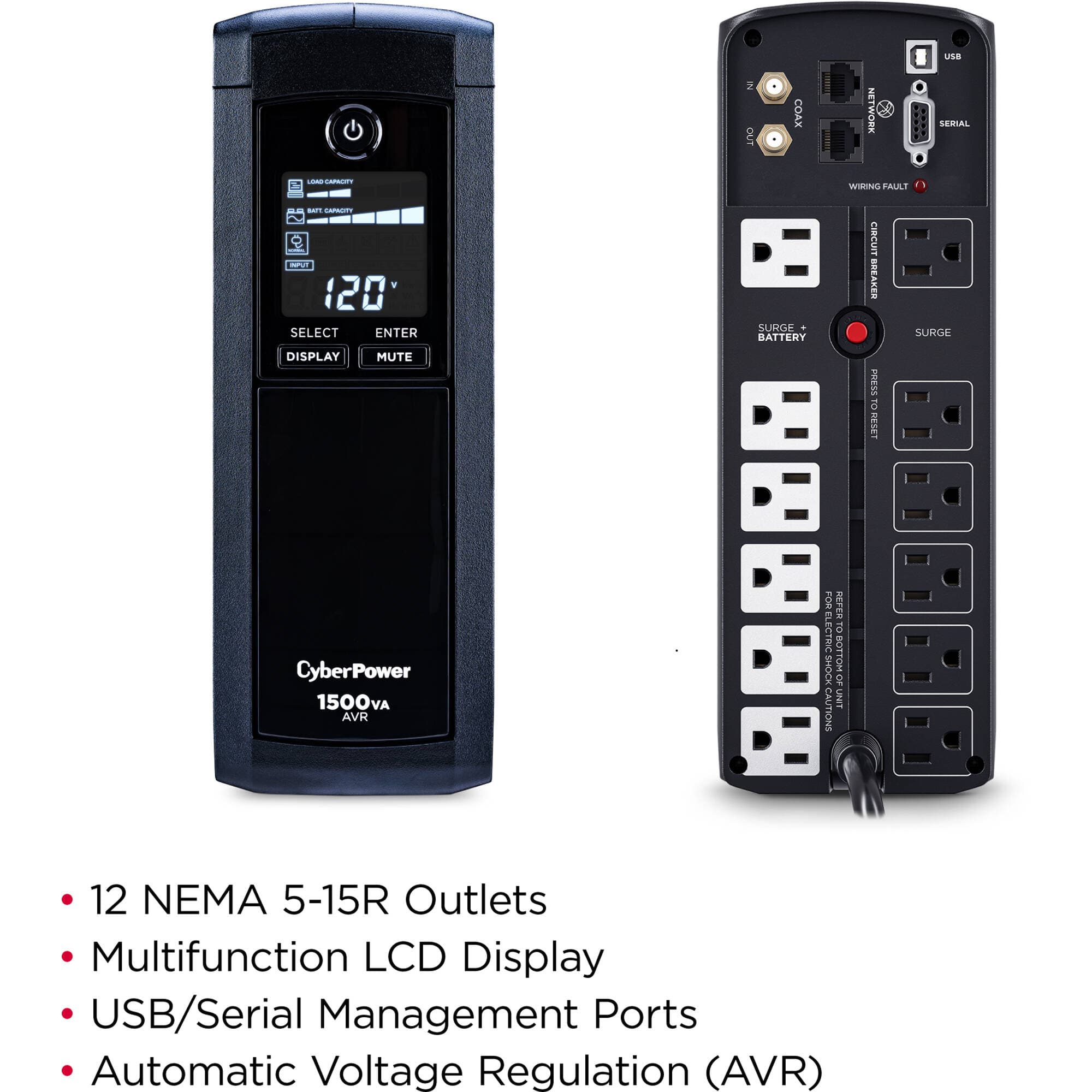 CyberPower CP1500AVRLCDTAA 1500 VA 900 W mini-tower UPS with LCD and 12 outlets