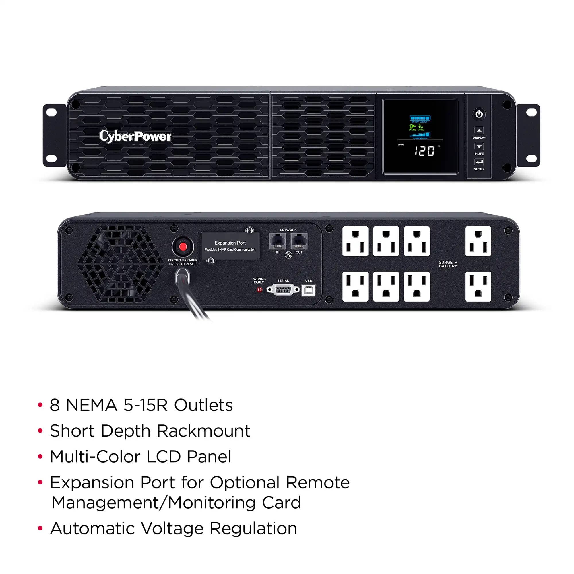 CyberPower CP1500PFCRM2U 1500VA 2U rackmount UPS with sine wave output, LCD, and SNMP support