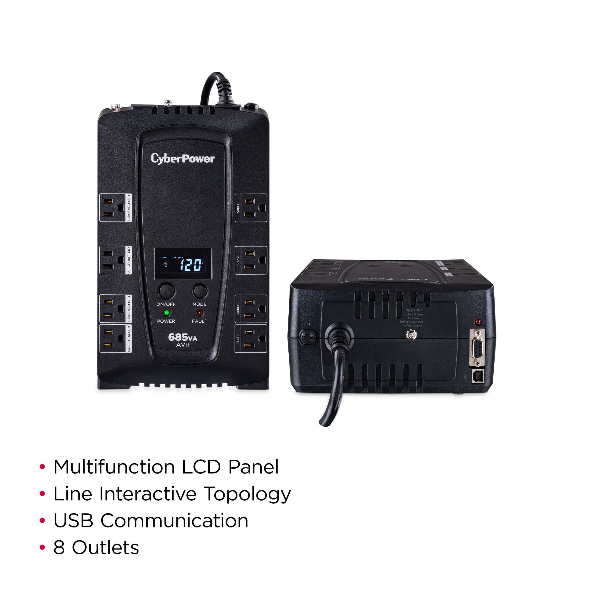 CyberPower CP685AVRLCD 685 VA 390 W desktop UPS with LCD and 8 outlets