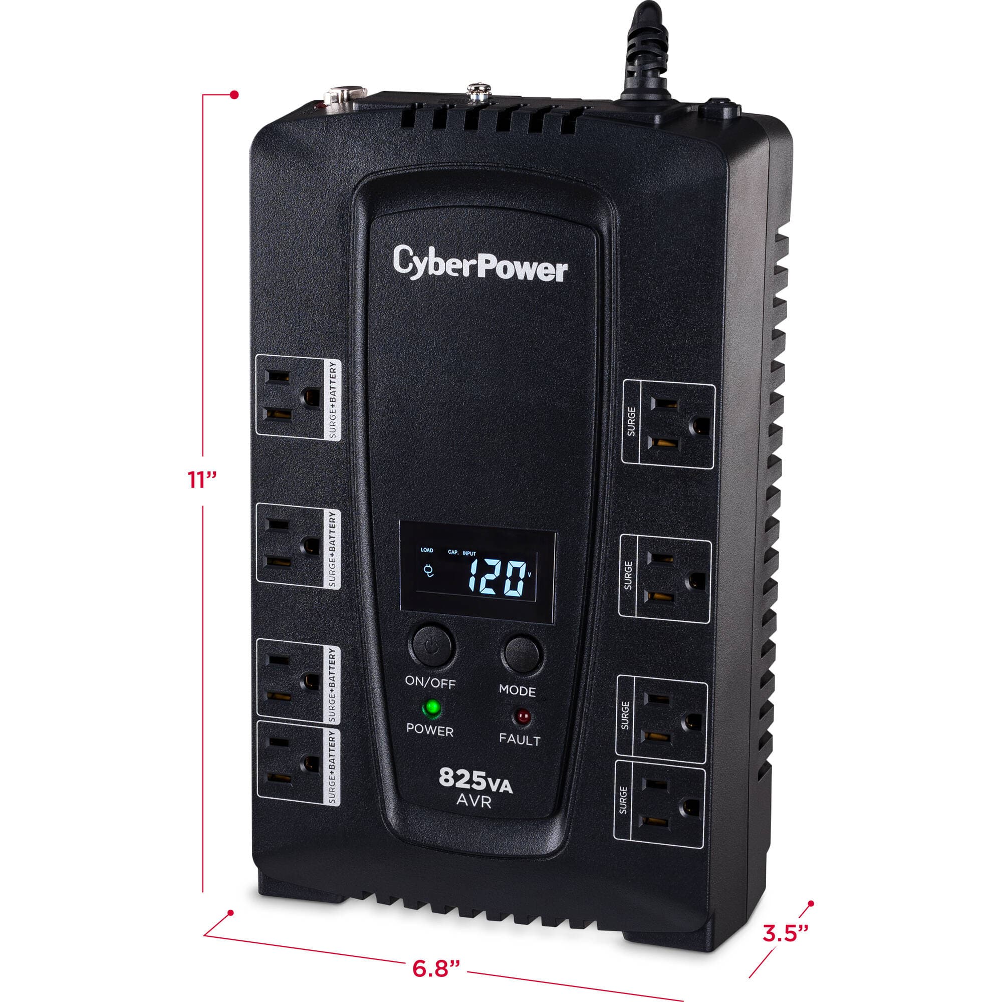 CyberPower CP825AVRLCD 825 VA 450 W desktop UPS with LCD and 8 NEMA 5-15R outlets
