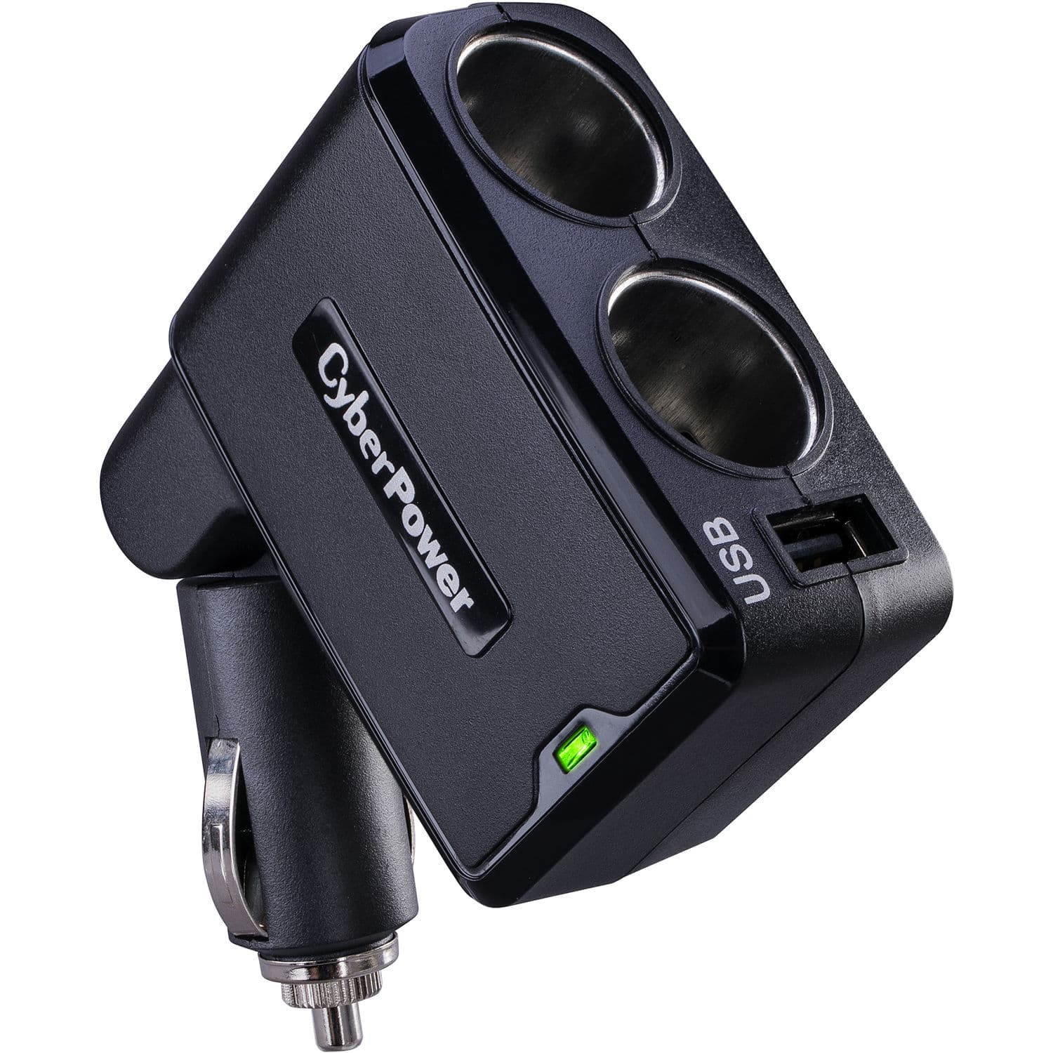 CyberPower mobile car charger with 2 DC ports, 2.1 A USB output, and 12 V auto plug