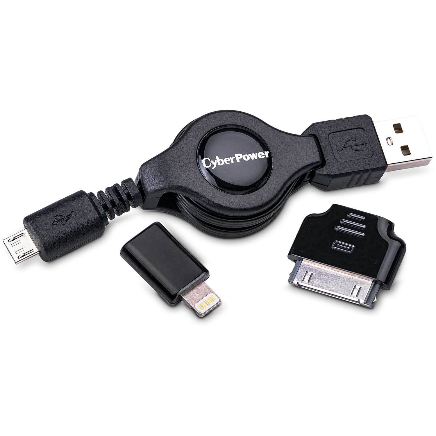 CyberPower 3-piece USB cable kit with retractable micro-USB cable for office device charging