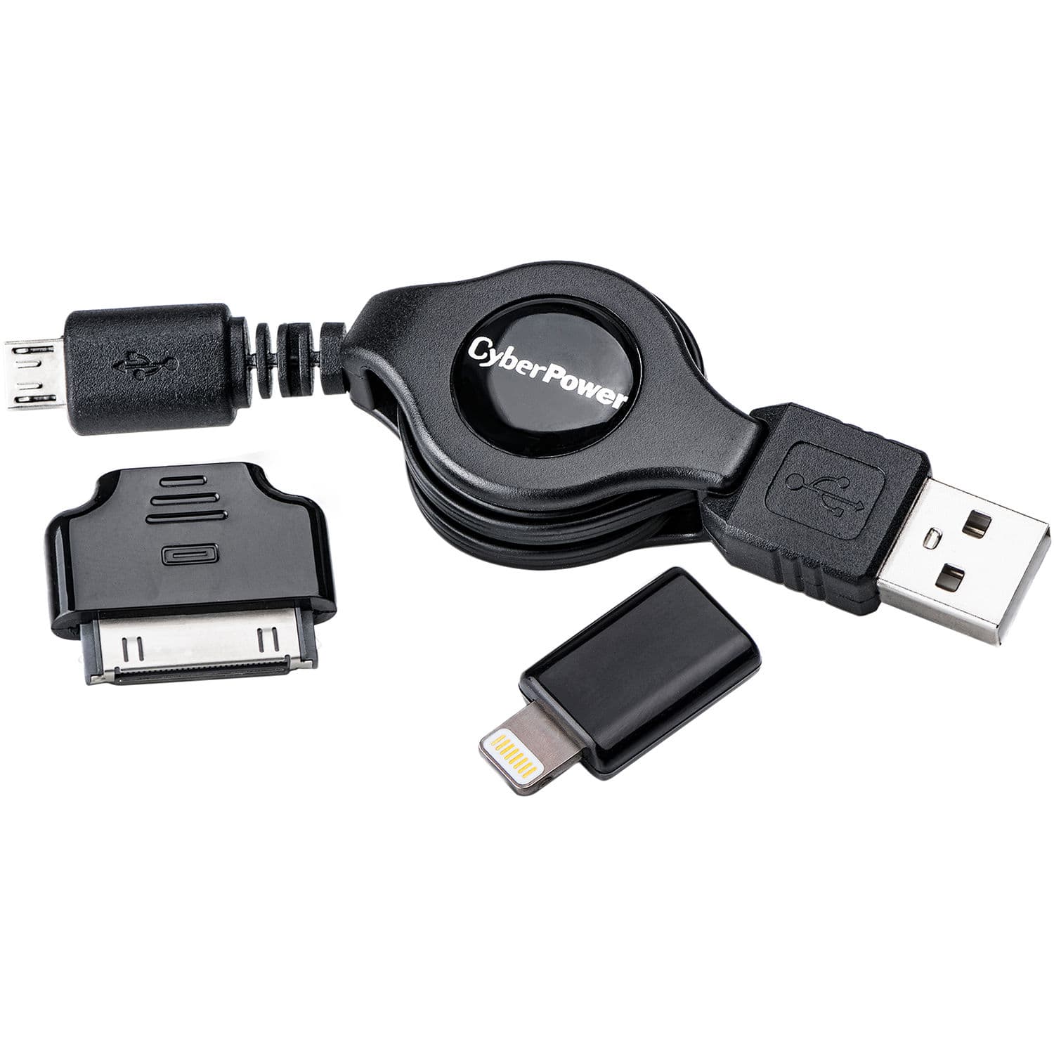 CyberPower 3-piece USB cable kit with retractable micro-USB cable for office device charging