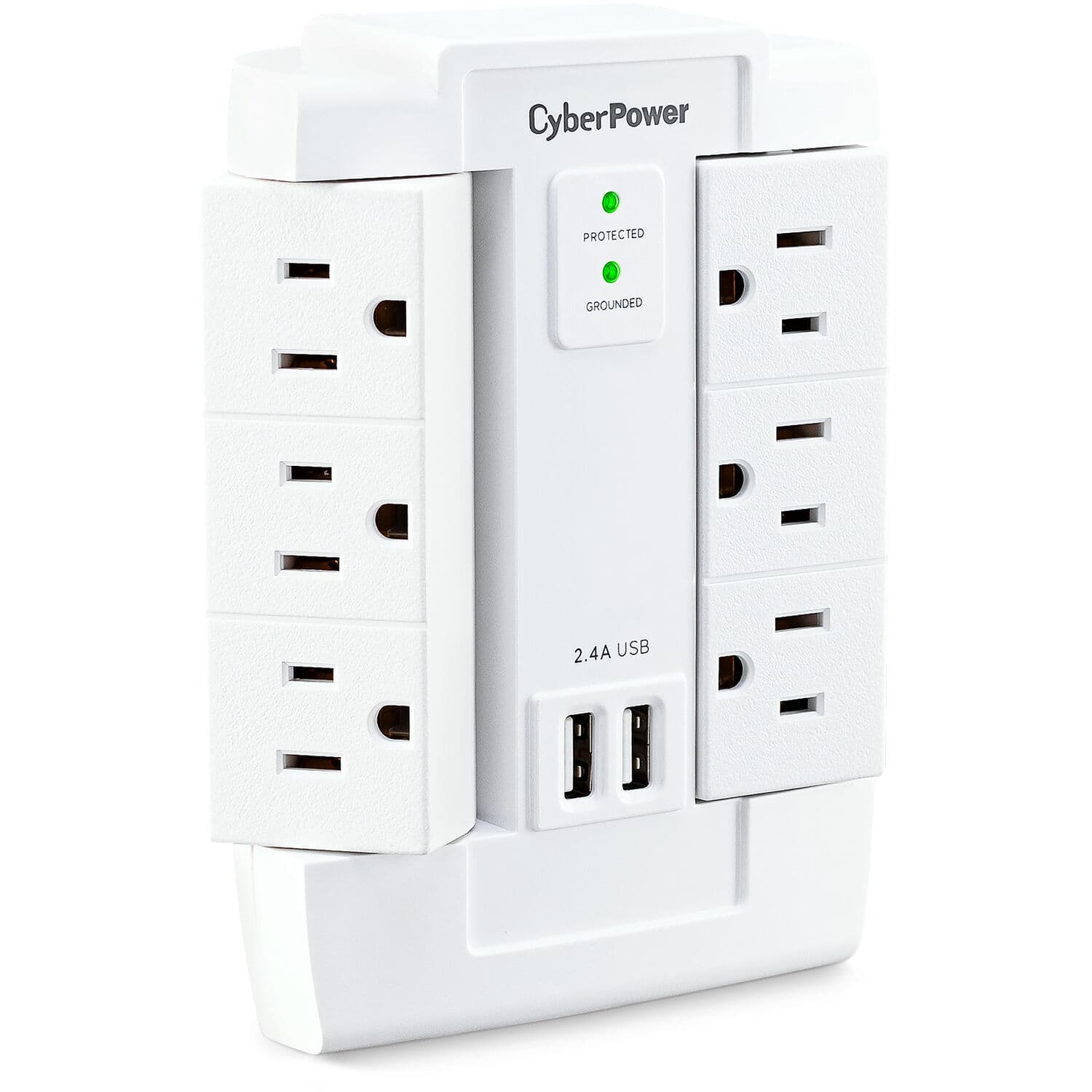 CyberPower 6 outlet swivel wall tap surge protector in white with 2 USB charging ports