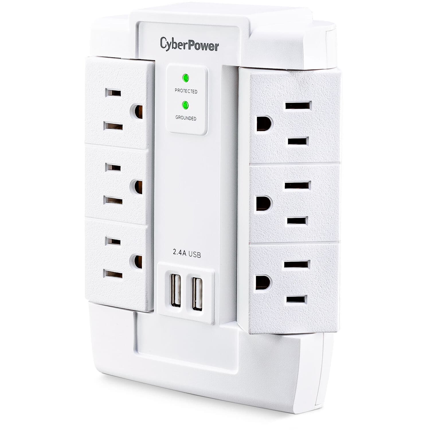CyberPower 6 outlet swivel wall tap surge protector in white with 2 USB charging ports