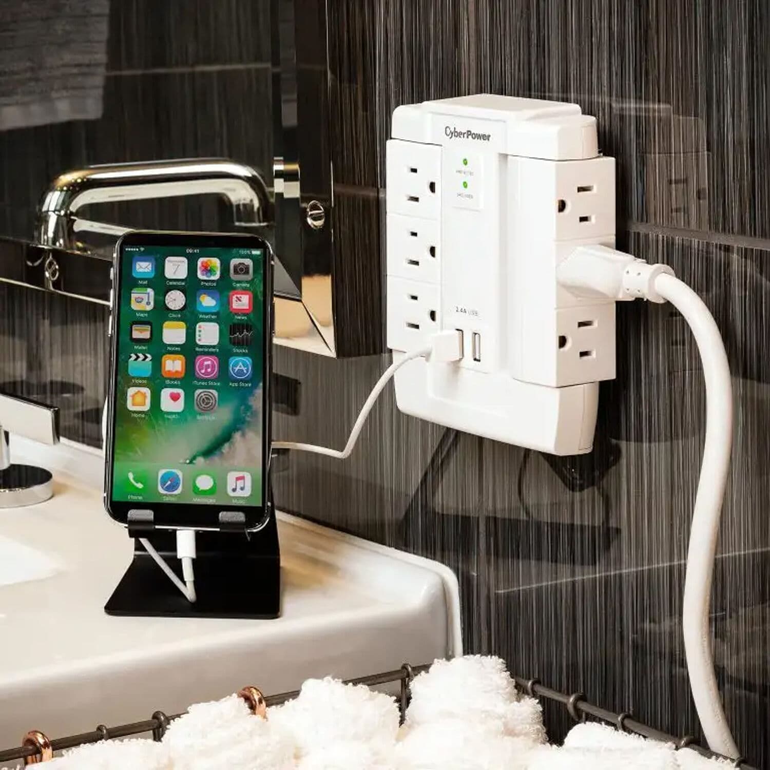 CyberPower 6 outlet swivel wall tap surge protector in white with 2 USB charging ports