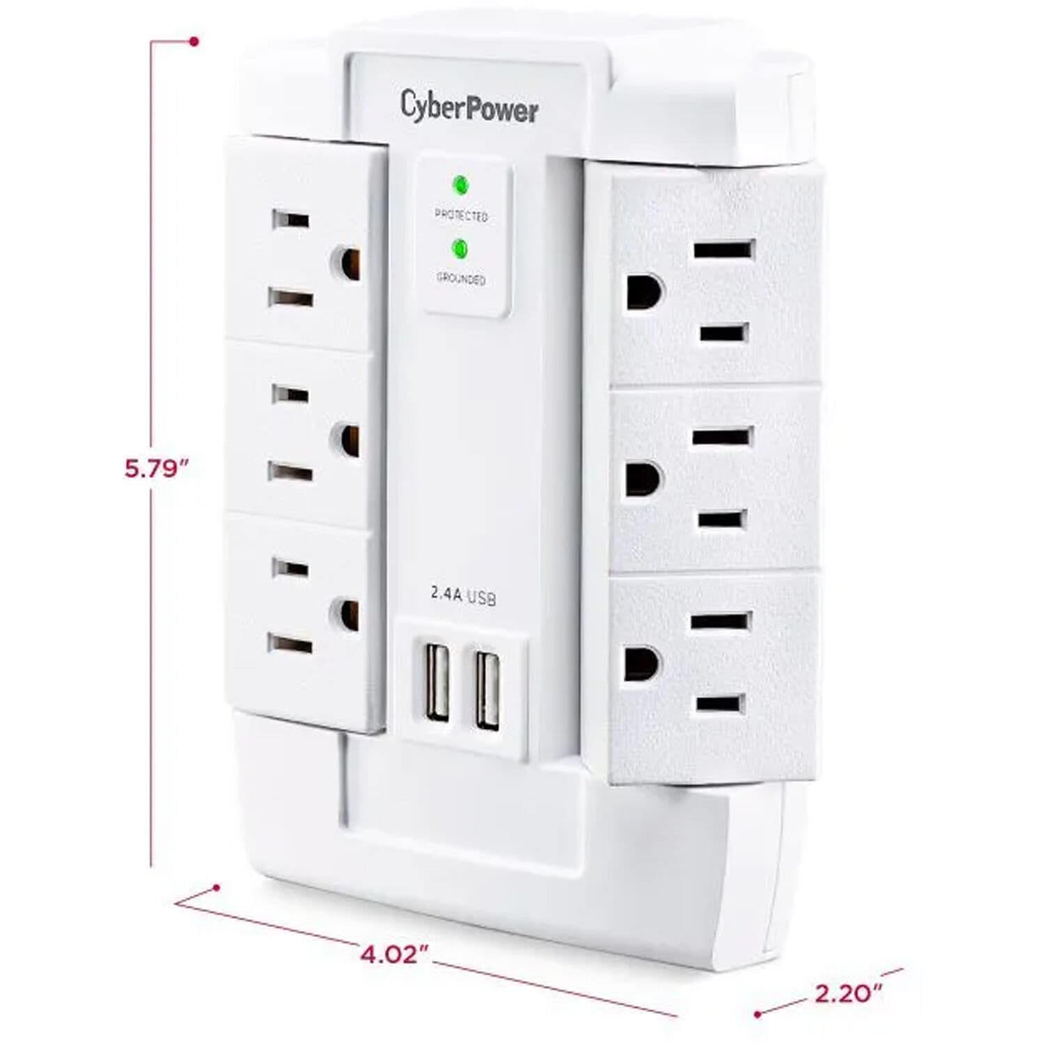 CyberPower 6 outlet swivel wall tap surge protector in white with 2 USB charging ports