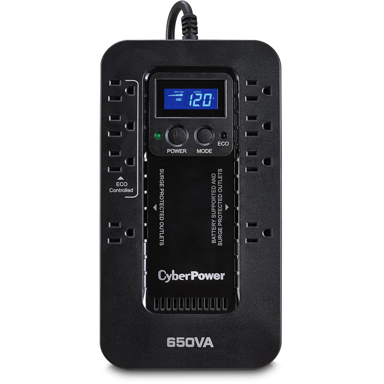 CyberPower EC650LCD 650 VA standby UPS with LCD display and 8 outlets