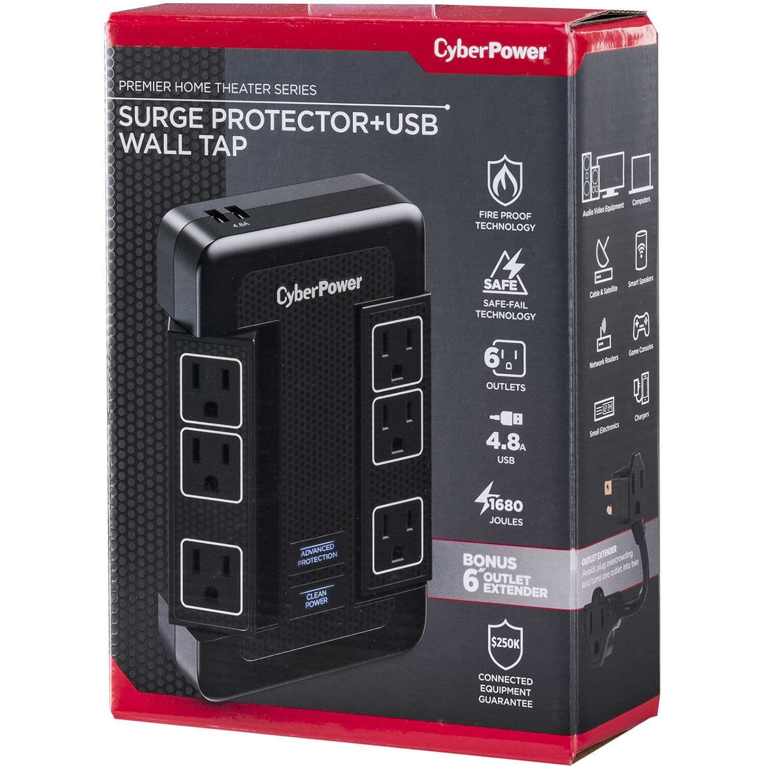 CyberPower HT600WSU2A black wall-tap surge protector with 5 outlets