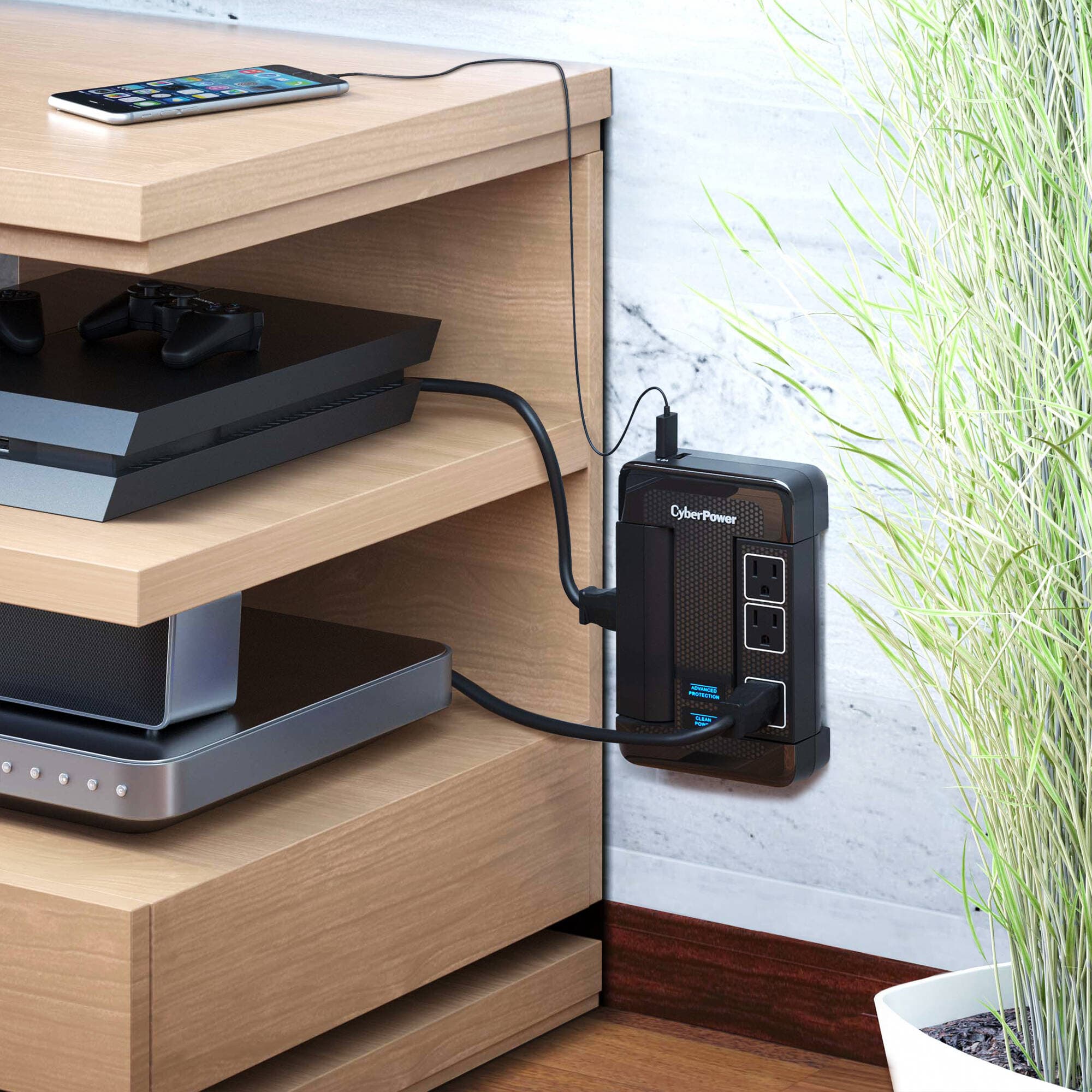 CyberPower HT600WSU2A black wall-tap surge protector with 5 outlets