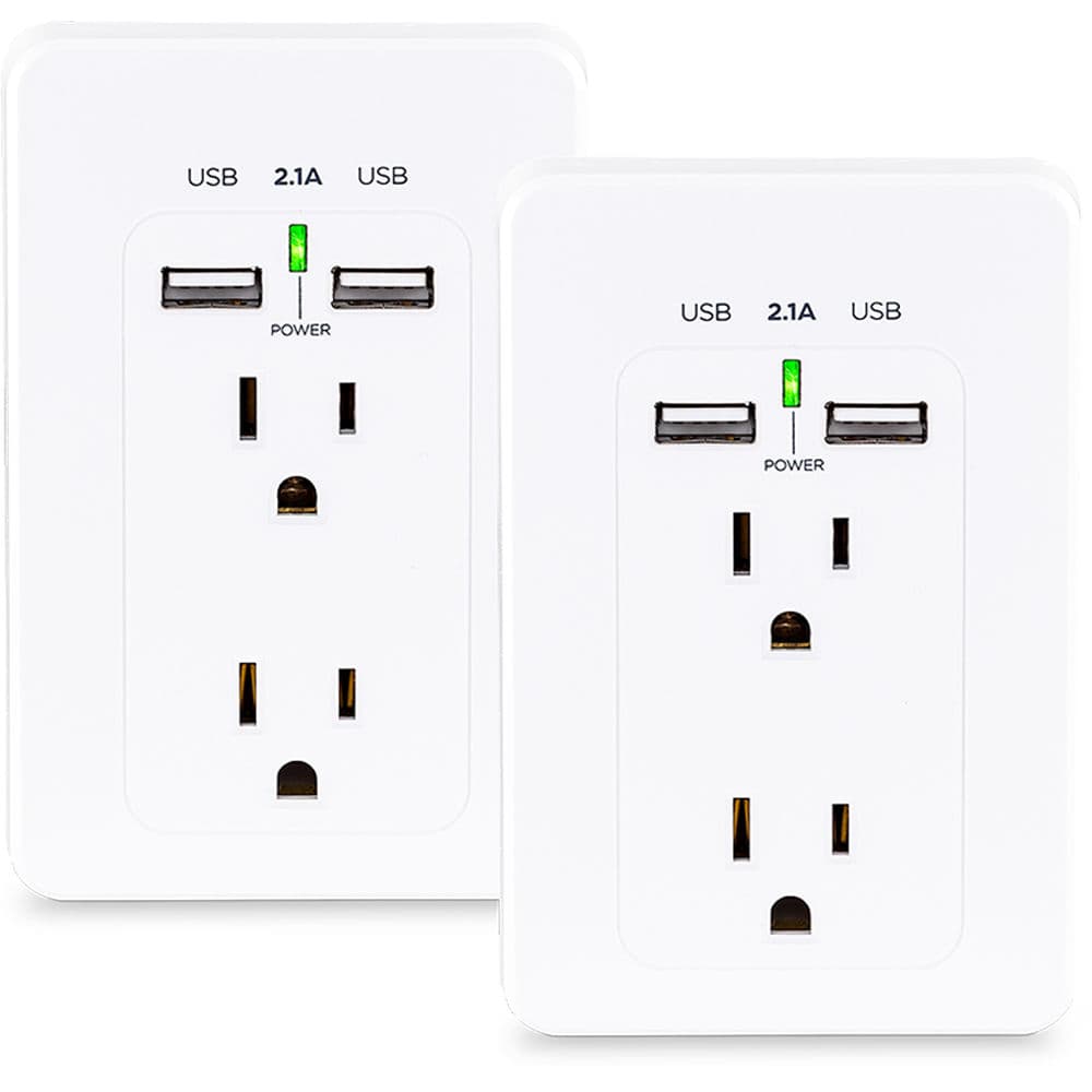 White CyberPower wall tap with 2 outlets and 2 USB charging ports, 2-pack