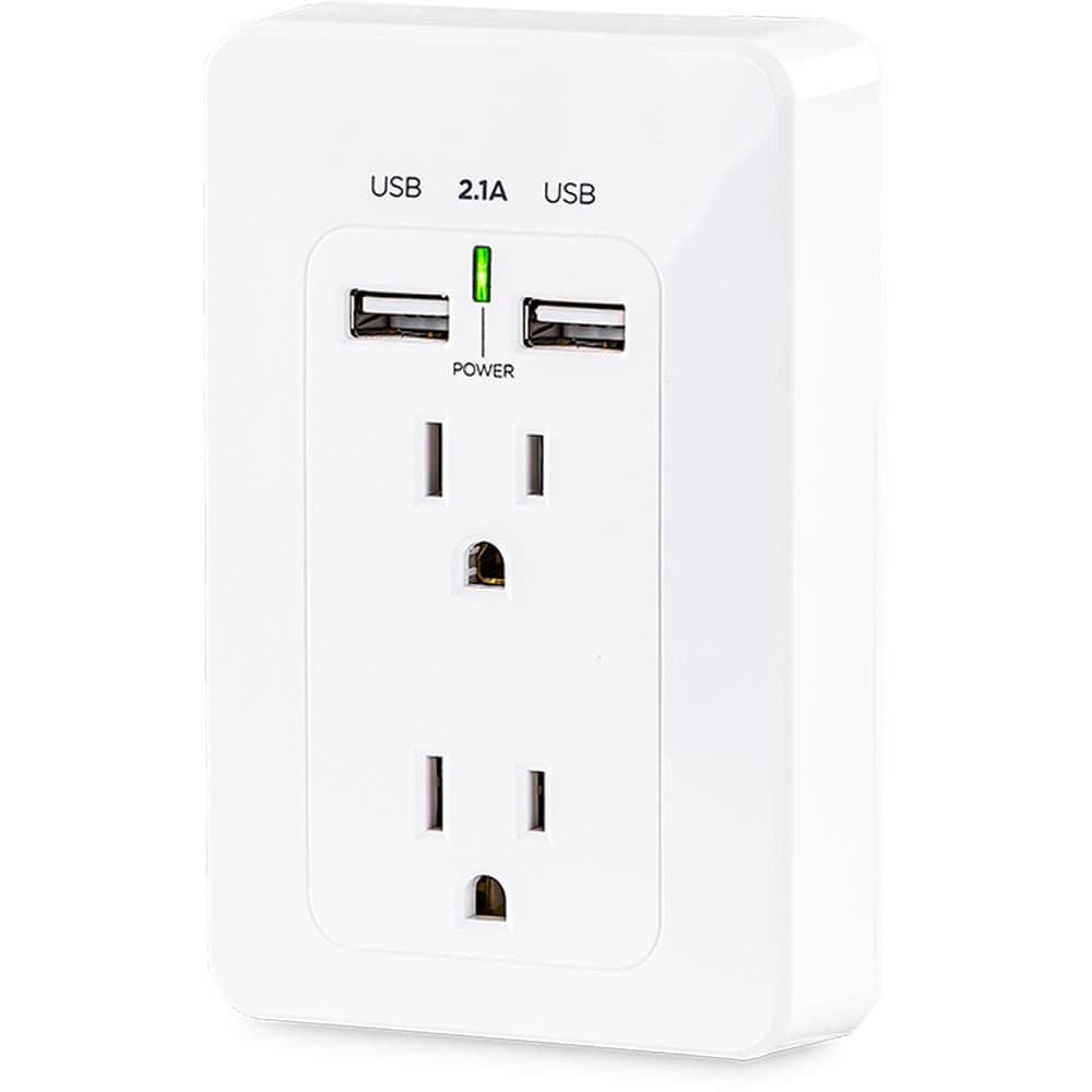 White CyberPower wall tap with 2 outlets and 2 USB charging ports, 2-pack