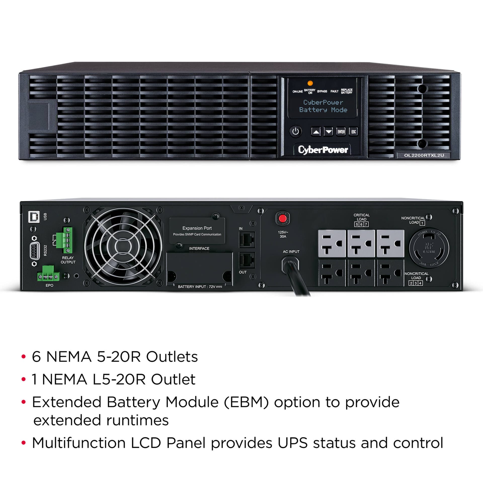 CyberPower OL2200RTXL2U 2,000 VA online UPS with 2U rack/tower design and LCD display