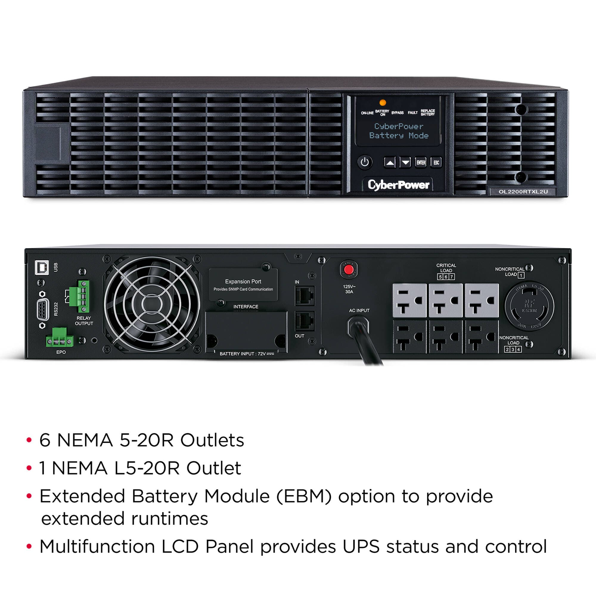 CyberPower OL2200RTXL2U 2,000 VA online UPS with 2U rack/tower design and LCD display