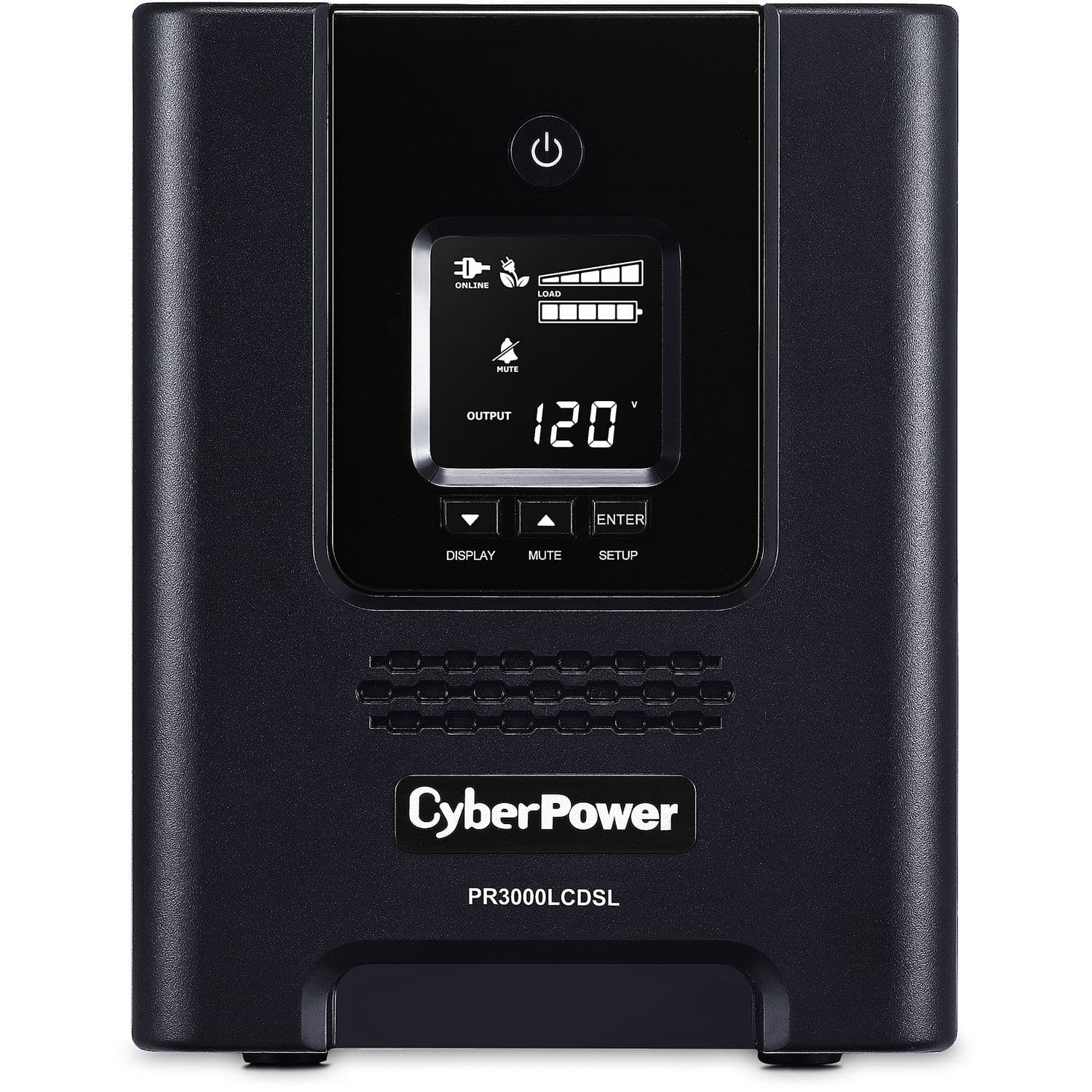 CyberPower 3,000 VA tower UPS with LCD display, pure sine wave output, and 7 outlets