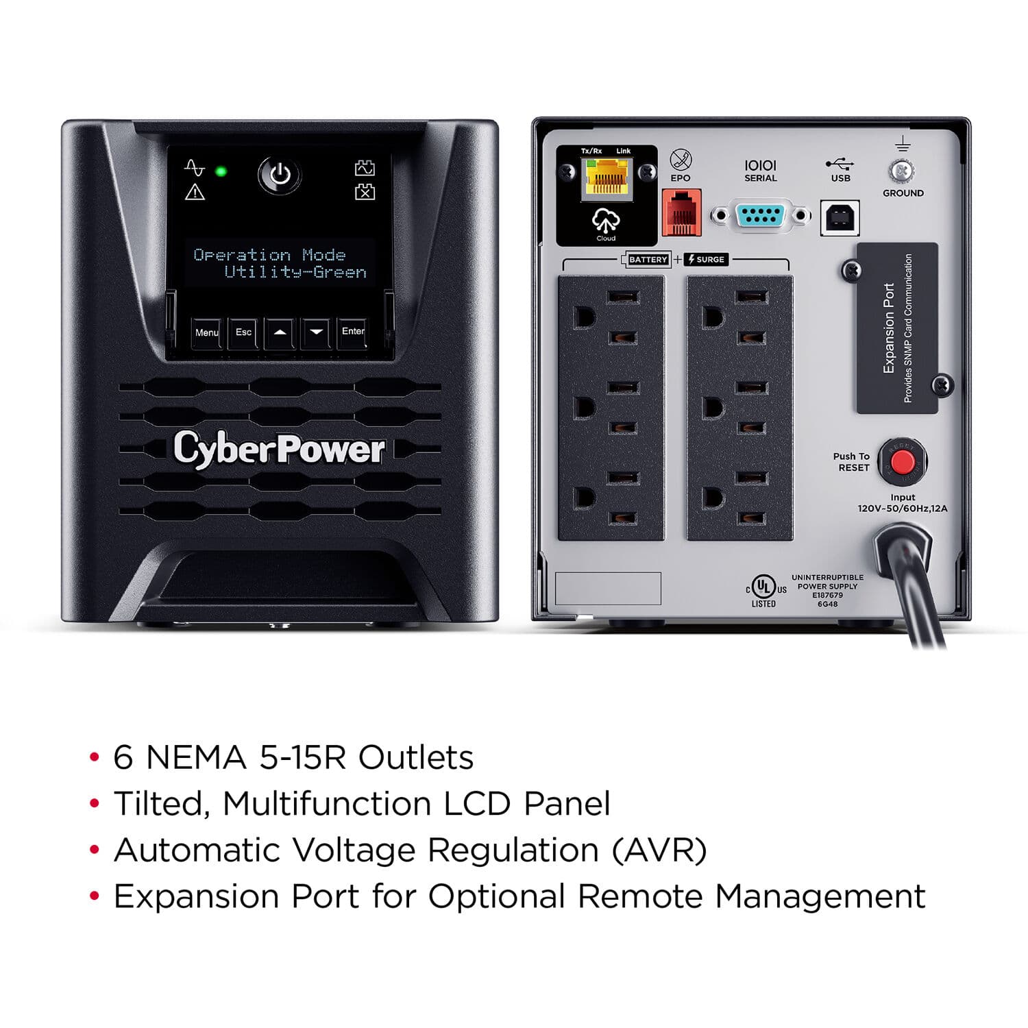 CyberPower PR750LCD3C 750VA 750W tower UPS with LCD display and 6 outlets